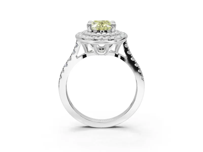 Oval Double Halo Engagement Ring Setting for a Fancy Yellow Lab-Grown Diamond | Pave Shoulders | Platinum