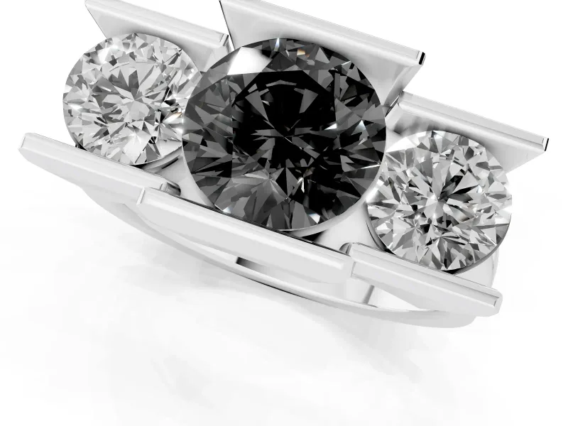 Fancy Black Round Cut Diamond Three-Stone Channel Set Ring Set in Platinum with Smooth Polished Band