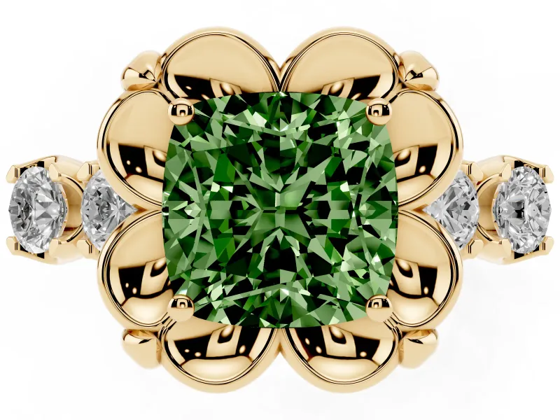 Cushion Cut Floral Engagement Ring Setting for a Fancy Green Lab-Grown Diamond | Petal Frame | Yellow Gold