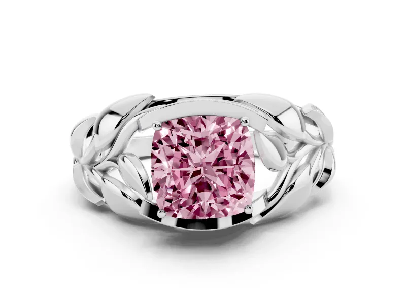 Fancy Pink Cushion Cut Diamond Leaf-Inspired Engagement Ring Set in Platinum with Round Accents
