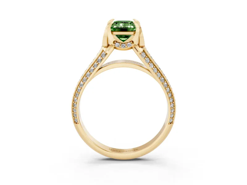 Fancy Green Emerald Cut Diamond Pavé Split Shank Solitaire Ring Set in Yellow gold with Prong Setting