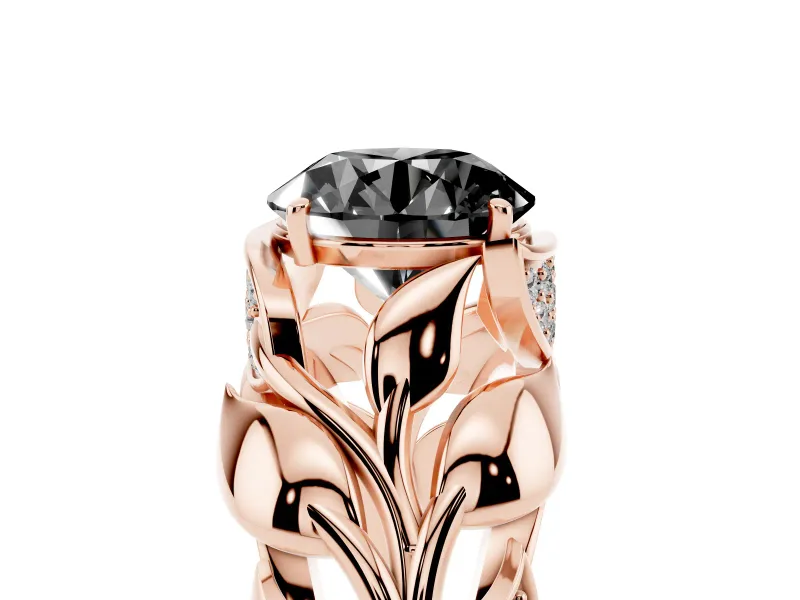Fancy Black Round Cut Diamond Leaf-Inspired Engagement Ring Set in Rose gold with Round Accents