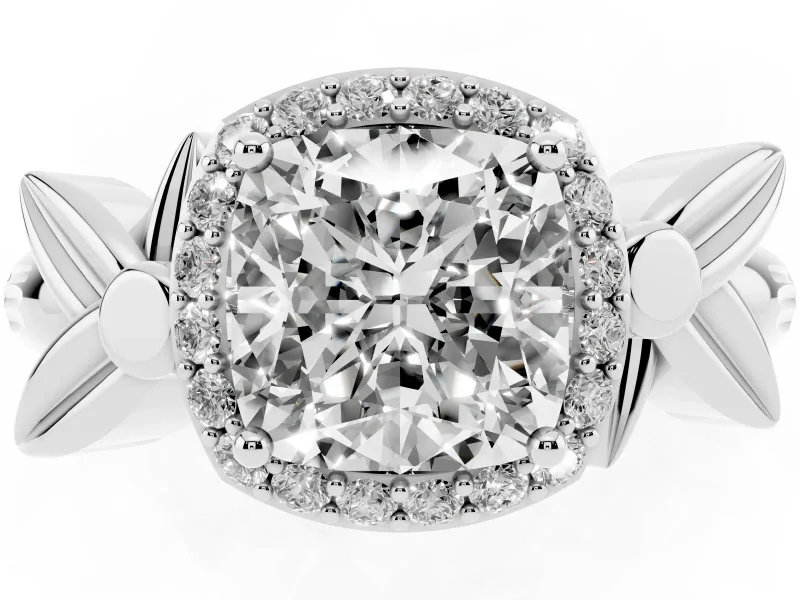 Cushion Cut Floral Halo Engagement Ring Setting | Leaf Shoulders | Sterling Silver