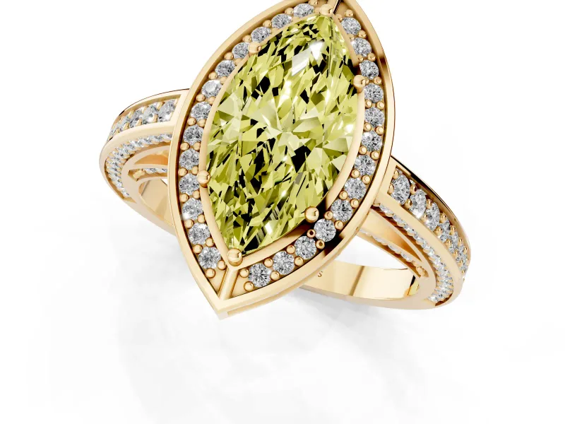 Fancy Yellow Marquise Cut Diamond Halo Pavé Split Shank Ring Set in Yellow gold with Prong Setting