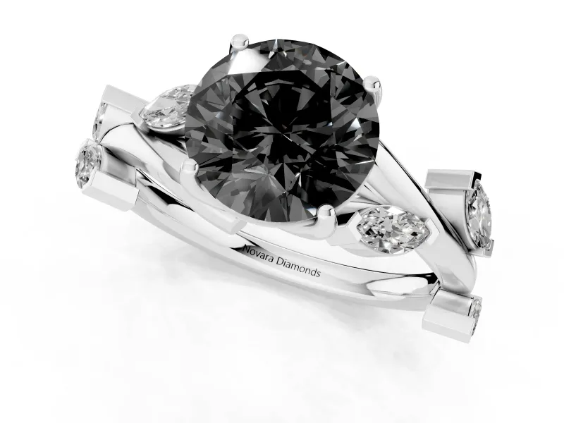 Round Twisted Vine Engagement Ring Setting for a Black Center | Marquise Leaves | Sterling Silver