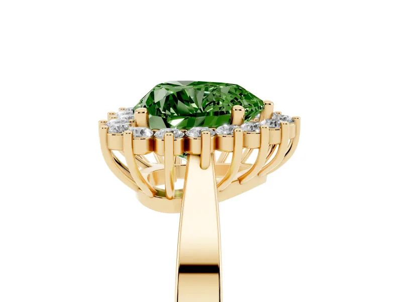 Fancy Green Heart Cut Diamond Halo Ring Set in Yellow gold with Round Halo and Smooth Solitaire Band
