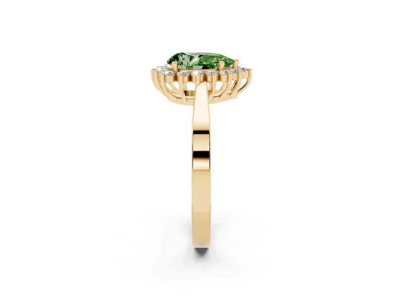 Fancy Green Pear Cut Diamond Halo Ring Set in Yellow gold with Round Halo and Smooth Solitaire Band