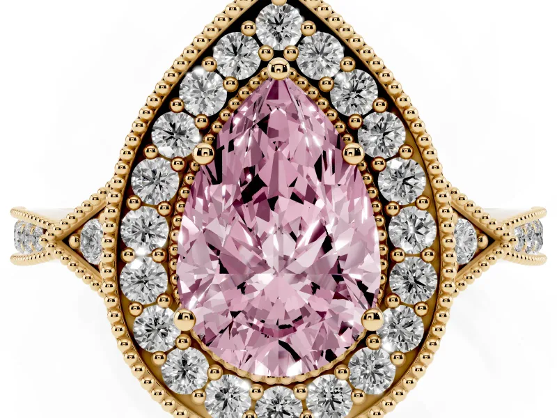 Fancy Pink Pear Cut Diamond Halo Engagement Ring Set in Yellow gold with Milgrain Pavé Band