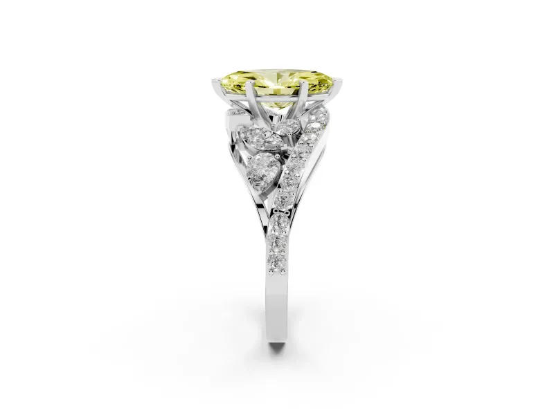 Fancy Yellow Marquise Cut Diamond Halo Ring Set in White gold with Marquise and Pavé Band in Prong Setting