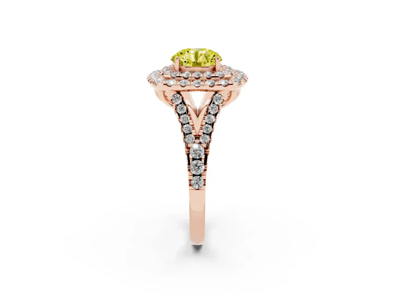 Round Halo Split Shank Engagement Ring Setting for a Fancy Yellow Lab-Grown Diamond | Pavé Strands | Rose Gold