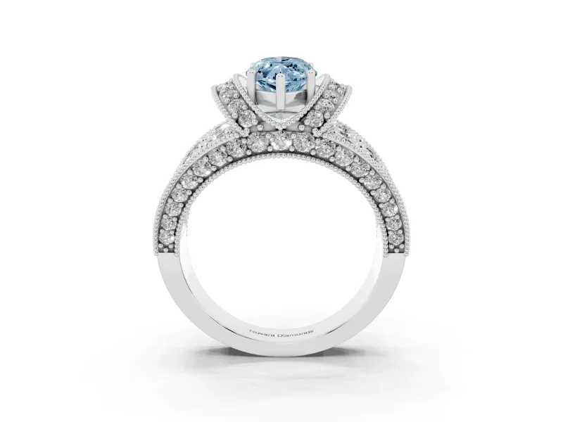Fancy Blue Marquise Cut Diamond Milgrain Halo Pavé Engagement Ring Set in Platinum with Prong Setting