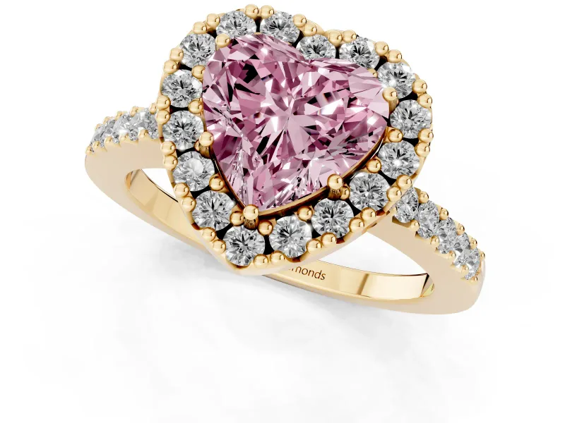 Fancy Pink Heart Cut Diamond Halo Pavé Solitaire Ring Set in Yellow gold with Prong-Set Center Stone