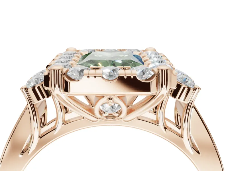 Radiant Cut Halo Engagement Ring Setting for a Fancy Green Lab-Grown Diamond | Graduated Channel Band | Rose Gold