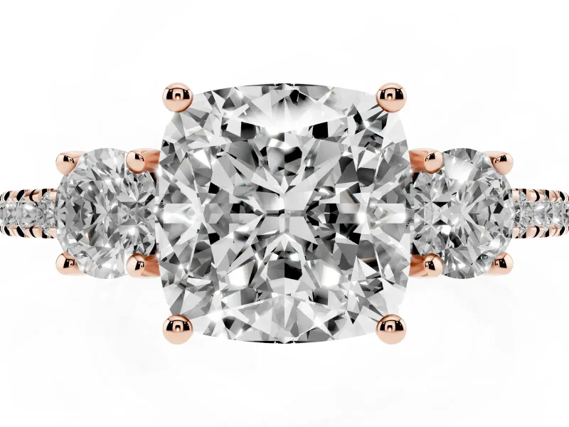 Cushion Cut Three Stone Engagement Ring Setting | Pave Shoulders | Rose Gold