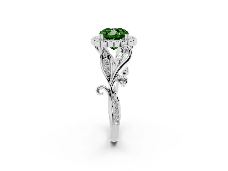 Cushion Cut Leaf Halo Engagement Ring Setting for a Fancy Green Lab-Grown Diamond | Sterling Silver