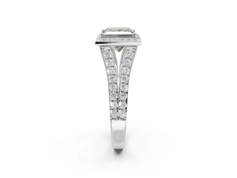 Princess Cut Halo Pavé Engagement Ring Setting for a Fancy Green Lab-Grown Diamond | Narrow Split Shank | White Gold