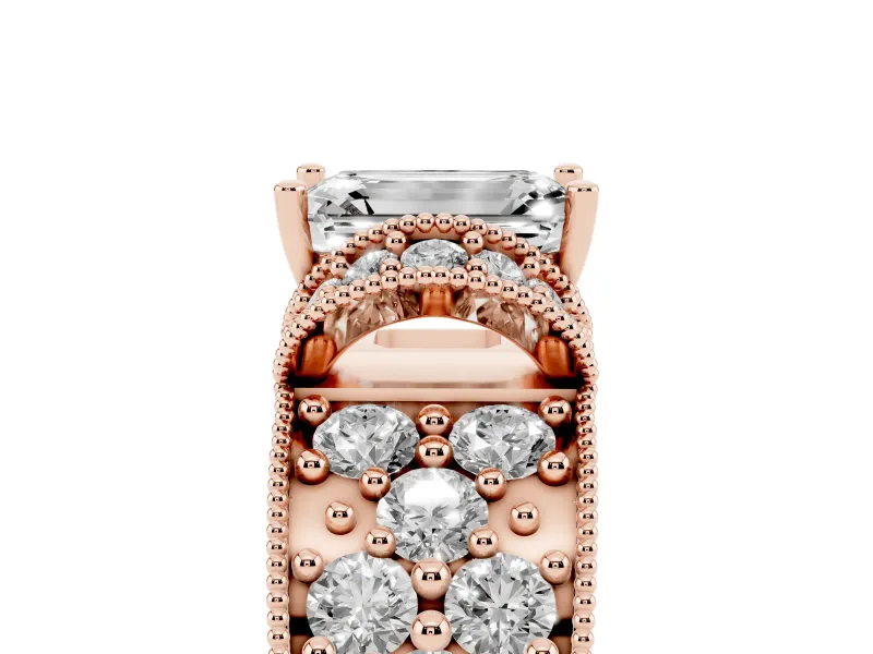 Emerald Cut Vintage Milgrain Pave Engagement Ring Setting | Crescent Side Rows | Rose Gold