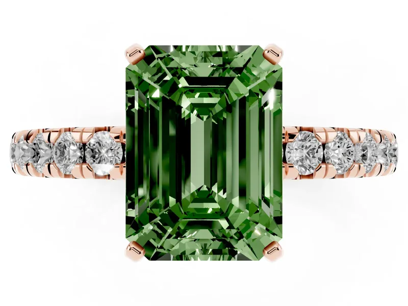 Fancy Green Emerald Cut Diamond Pavé Solitaire Ring Set in Rose gold with Round Band and Prong Setting