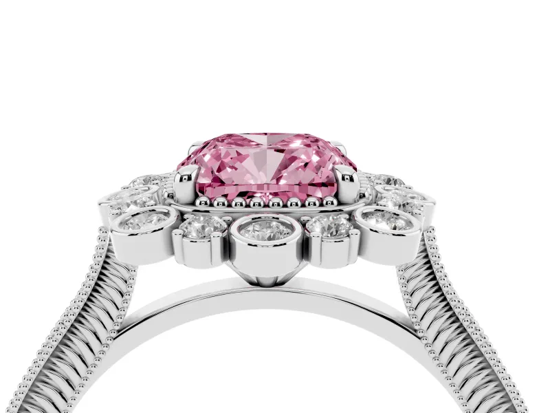 Fancy Pink Cushion Cut Diamond Halo Milgrain Pavé Ring Set in Platinum with Prong Setting