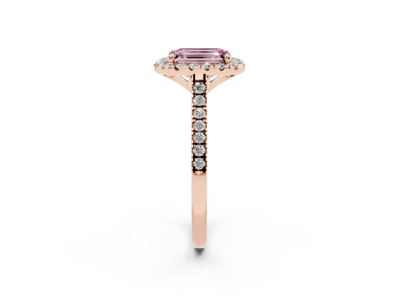 Fancy Pink Emerald Cut Diamond Cushion Halo Ring Set in Rose gold with Pavé Band