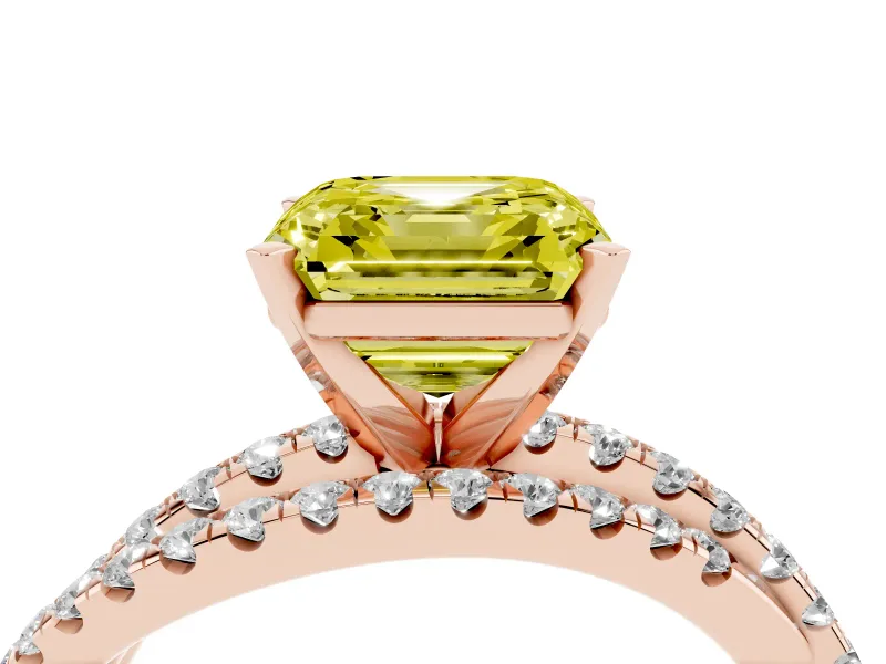 Fancy Yellow Asscher Cut Diamond Solitaire Twist Band Ring Set in Rose gold with Pavé Setting and Prong Head