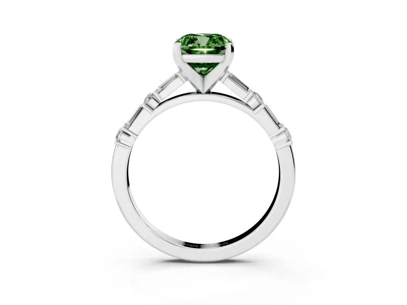 Fancy Green Cushion Cut Diamond Solitaire Set in Platinum with Side Baguettes and Channel Set Band