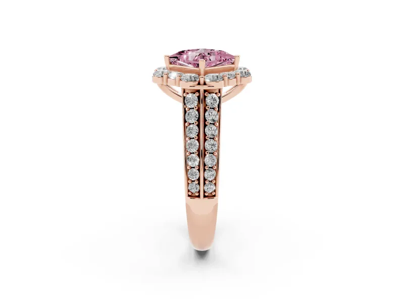 Fancy Pink Princess Cut Diamond Halo Engagement Ring Set in Rose gold with Split Shank and Prong Setting