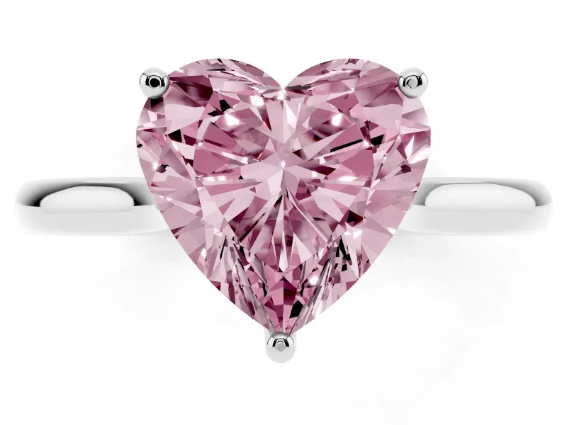 Fancy Pink Heart Cut Diamond Solitaire Ring Set in Silver with Cathedral Band and Prong Setting