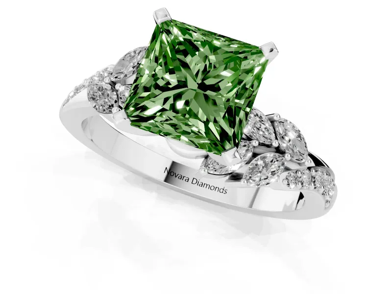 Fancy Green Princess Cut Diamond Solitaire Ring Set in Platinum with Marquise Twist Band and Prong Setting