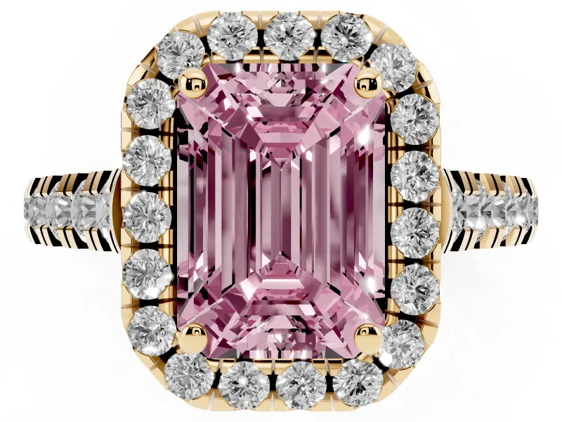 Emerald Cut Accented Halo Engagement Ring Setting for a Fancy Pink Lab-Grown Diamond | Yellow Gold