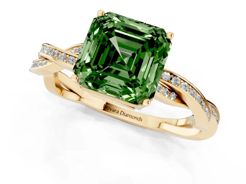 Asscher Cut Twisted Pavé Solitaire Engagement Ring Setting for a Fancy Green Lab-Grown Diamond | Yellow Gold