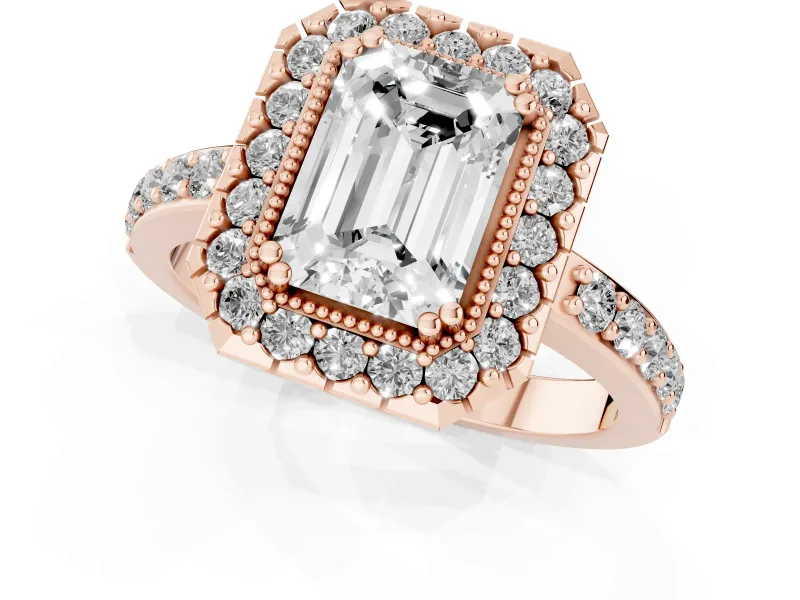 Emerald Cut Vintage Milgrain Halo Engagement Ring Setting | Pierced Gallery | Rose Gold