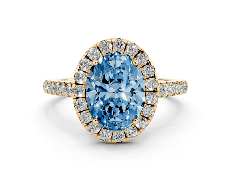 Fancy Blue Oval Cut Diamond Halo Pavé Engagement Ring Set in Yellow gold with Prong Setting
