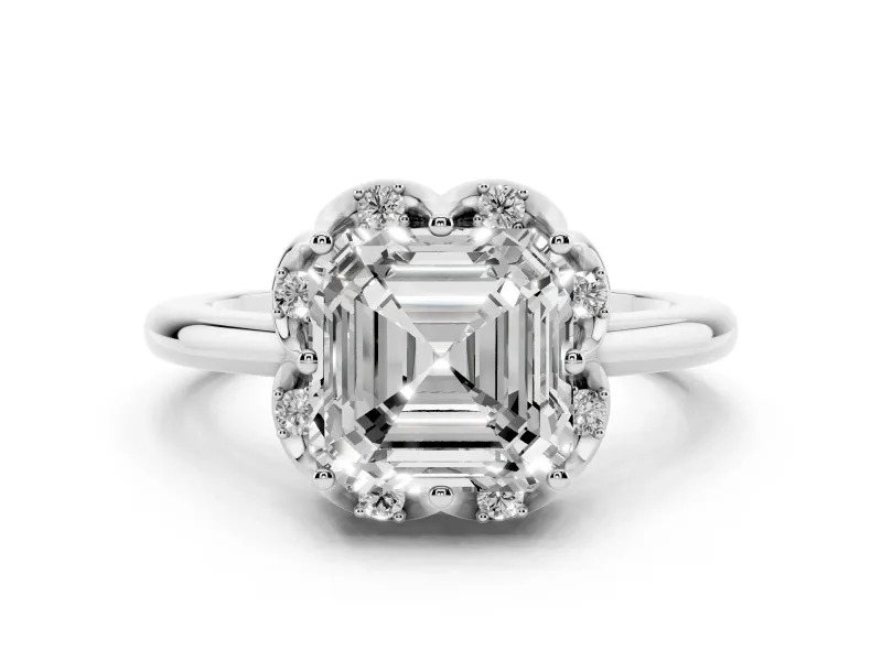 Asscher Cut Diamond Round Cluster Halo Ring Set in Platinum with Solitaire Band and Prong Setting