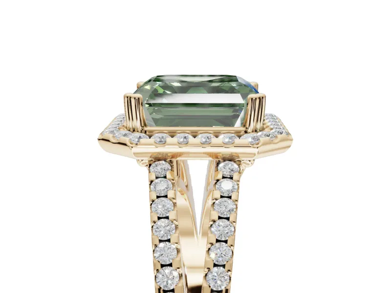 Asscher Cut Halo Split Shank Engagement Ring Setting for a Fancy Green Lab-Grown Diamond | Pavé Shoulders | Yellow Gold