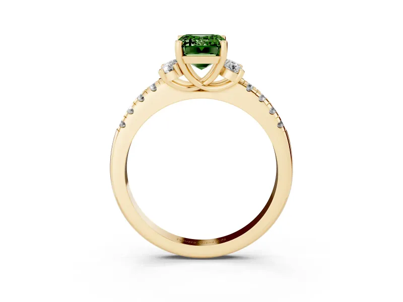 Emerald Cut Side Stone Engagement Ring Setting for a Fancy Green Lab-Grown Diamond | Pave Band | Yellow Gold