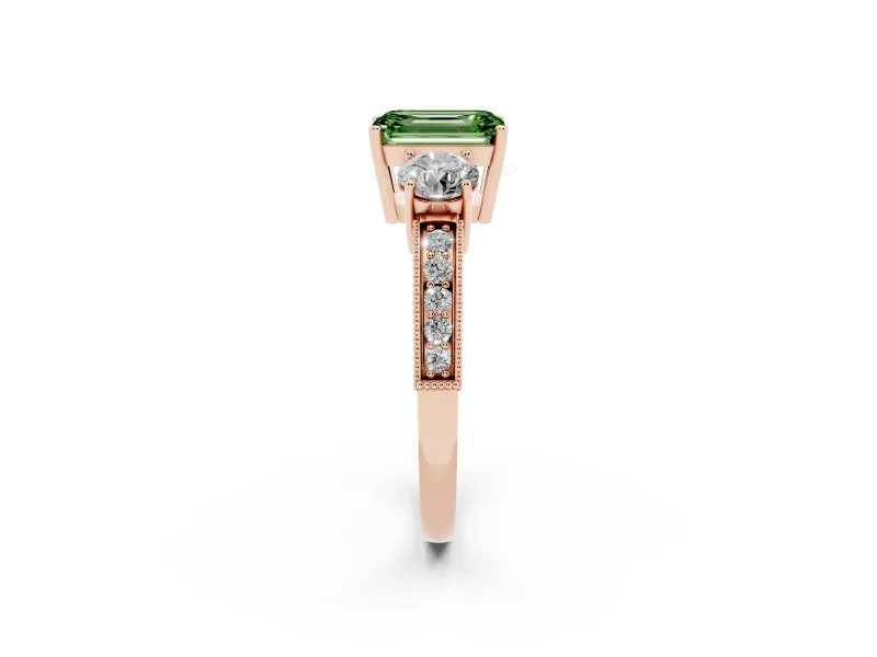 Emerald Cut Three Stone Engagement Ring Setting for a Fancy Green Lab-Grown Diamond | Graduated Pave Band | Rose Gold