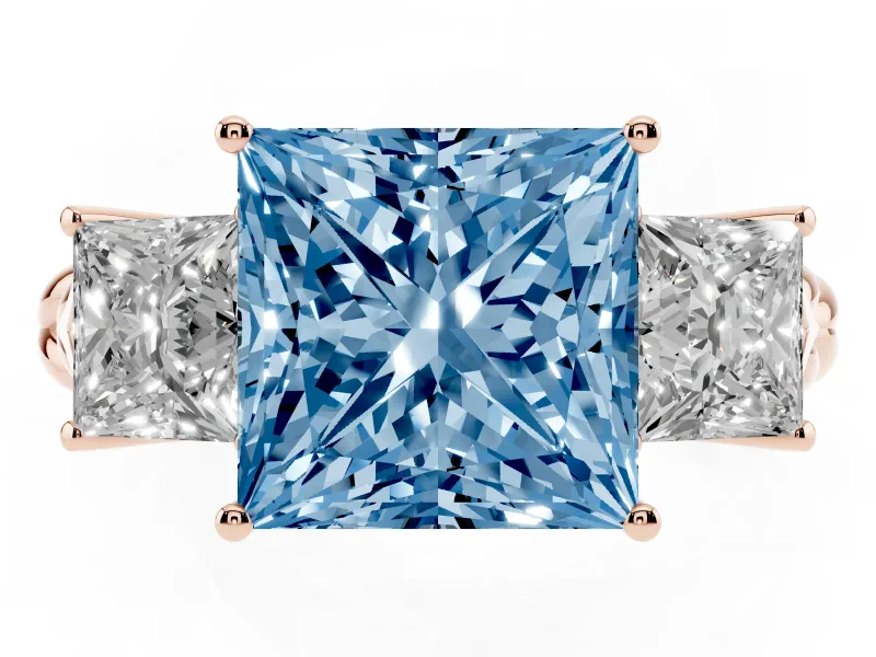 Fancy Blue Princess Cut Diamond Three-Stone Ring Set in Rose gold with Braided Band