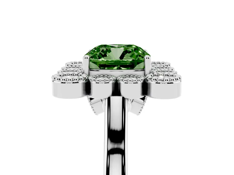 Cushion Cut Milgrain Cluster Halo Engagement Ring Setting for a Fancy Green Lab-Grown Diamond | Plain Band | White Gold
