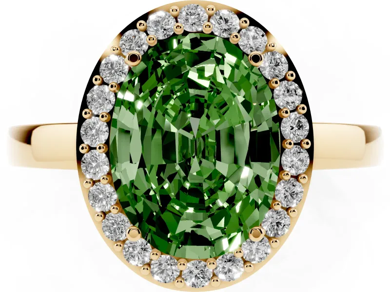 Fancy Green Oval Cut Diamond Halo Ring Set in Yellow gold with Solitaire Band and Prong Setting