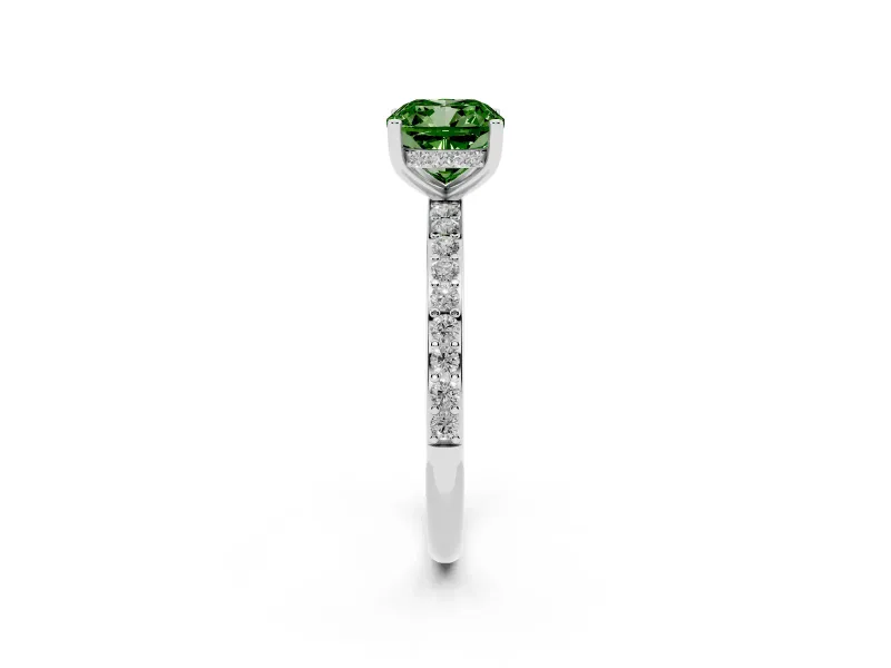Cushion Cut Hidden Halo Engagement Ring Setting for a Fancy Green Lab-Grown Diamond | Pavé Band | Sterling Silver