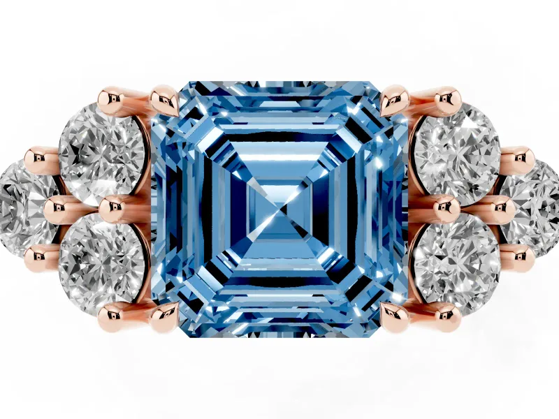 Asscher Cut Cluster Side Stone Engagement Ring Setting for a Fancy Blue Lab-Grown Diamond | Plain Band | Rose Gold