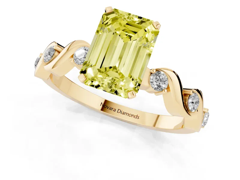 Fancy Yellow Emerald Cut Diamond Solitaire Ring Set in Yellow gold with Ribbon Twist Band, Round Accents and Prong Setting