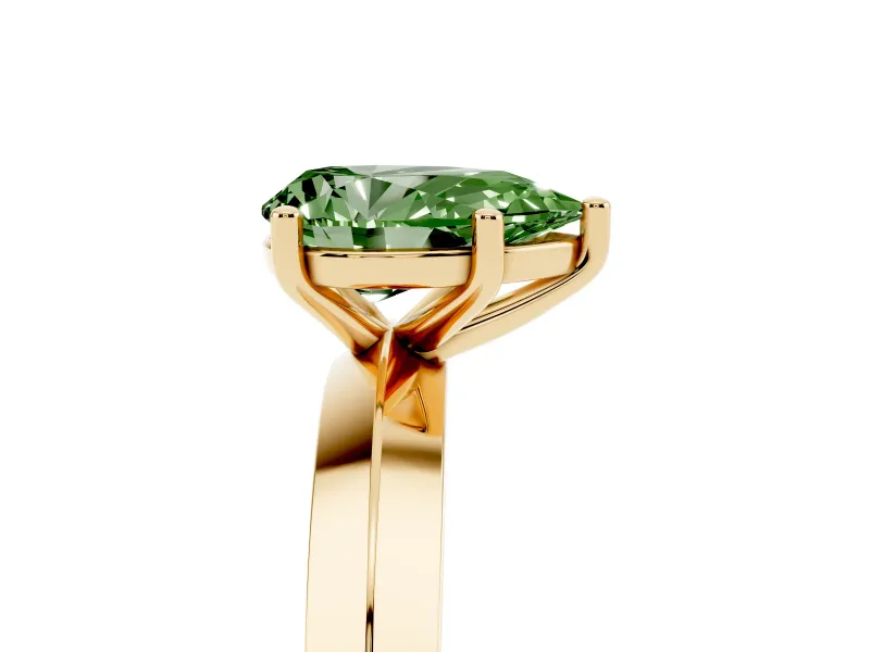 Fancy Green Pear Cut Diamond Solitaire Engagement Ring Set in Yellow gold with Flat Band and Prong Setting
