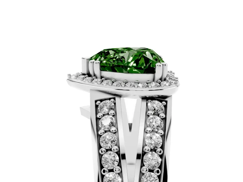 Fancy Green Heart Cut Diamond Halo Ring Set in White gold with Double Pavé Split Shank
