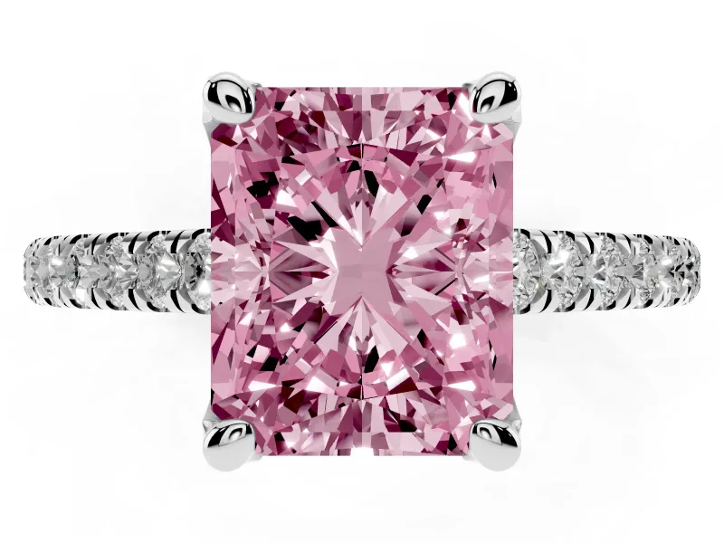 Fancy Pink Radiant Cut Diamond Solitaire Ring Set in Silver with Brilliant Pavé Band and Prong Setting