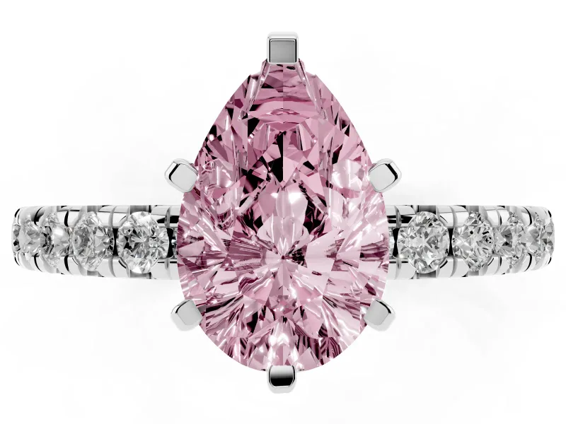Fancy Pink Pear Cut Diamond Pavé Solitaire Ring Set in White gold with Round Band and Prong Setting