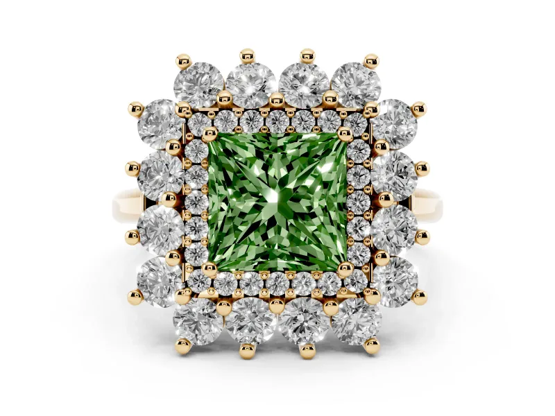 Fancy Green Princess Cut Diamond Floral Double Halo Ring Set in Yellow gold with Round Petals