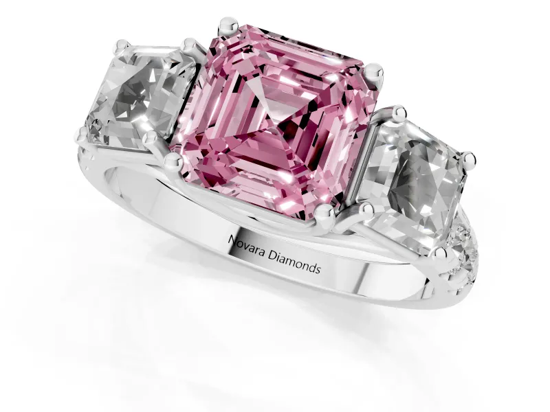 Asscher Cut Three Stone Engagement Ring Setting for a Fancy Pink Lab-Grown Diamond | Accented Shoulders | Platinum