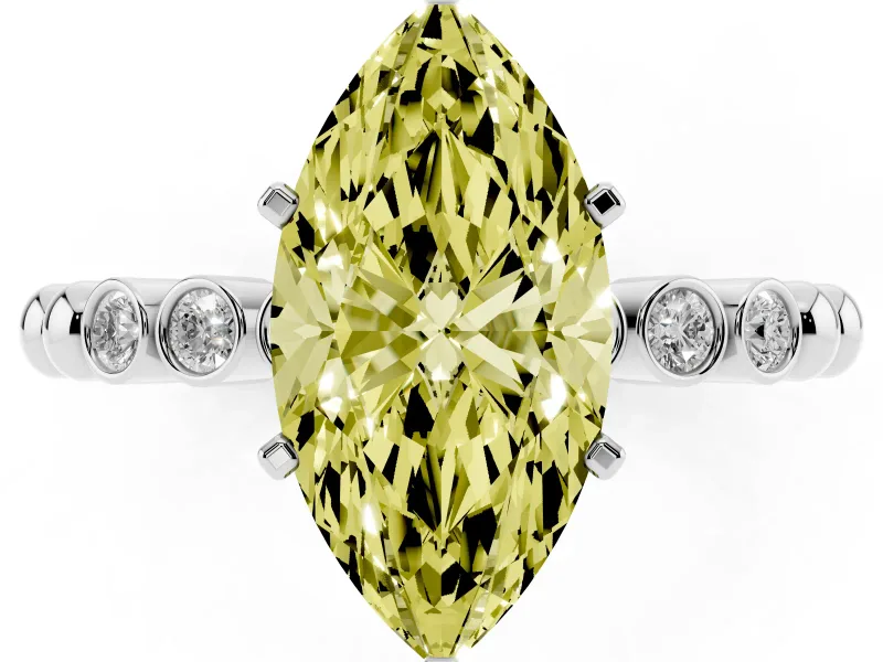 Fancy Yellow Marquise Cut Diamond Solitaire Engagement Ring Set in Platinum with Bezel Accents on Beaded Band